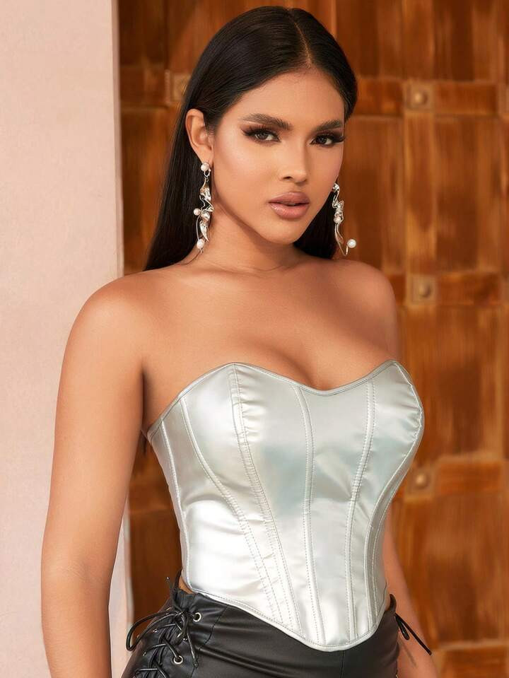 Apperloth A Lace Up Back PU Leather Overbust Shapewear Corset Top | SHEIN