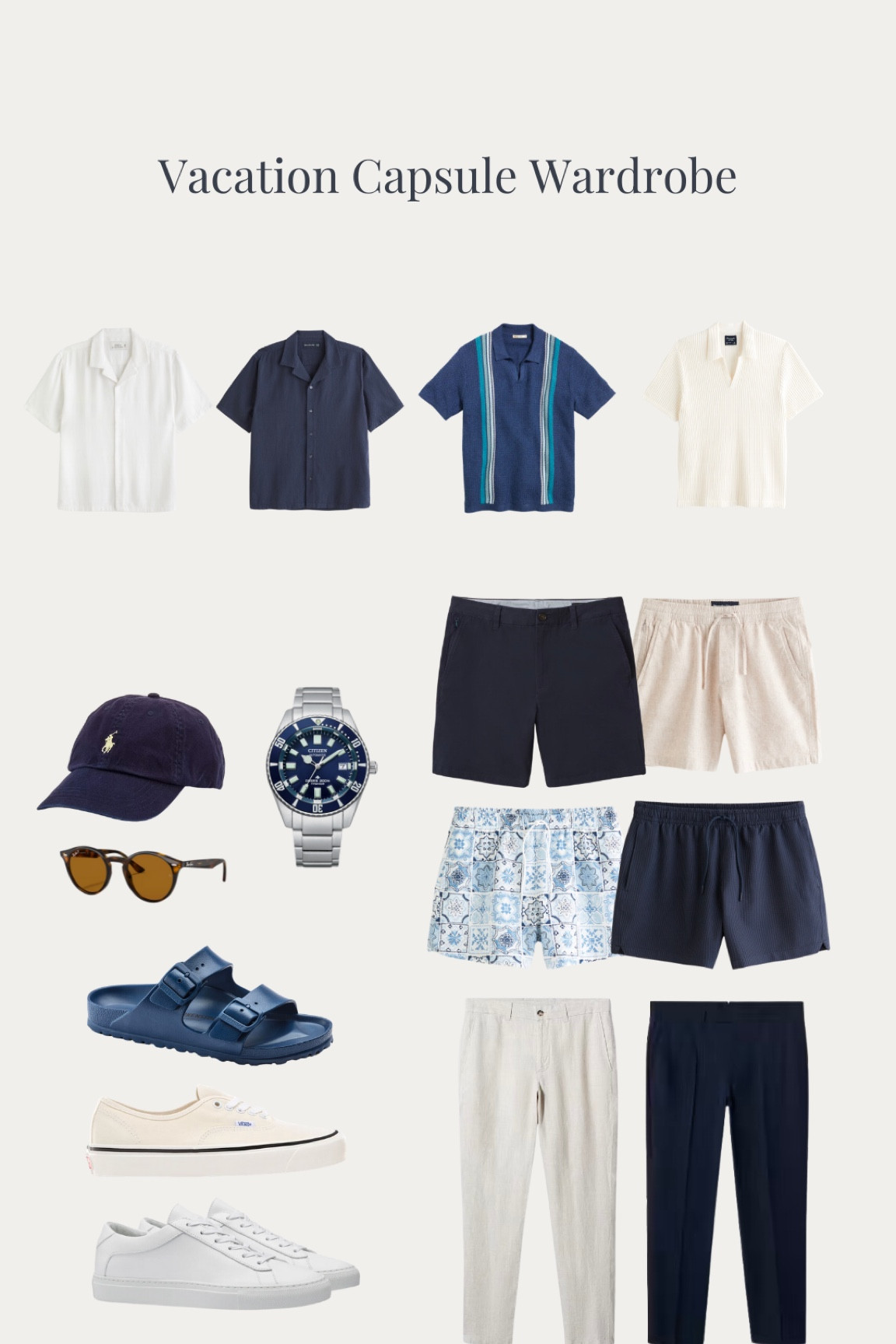 A capsule wardrobe for a warm weather vacation.

#LTKmens