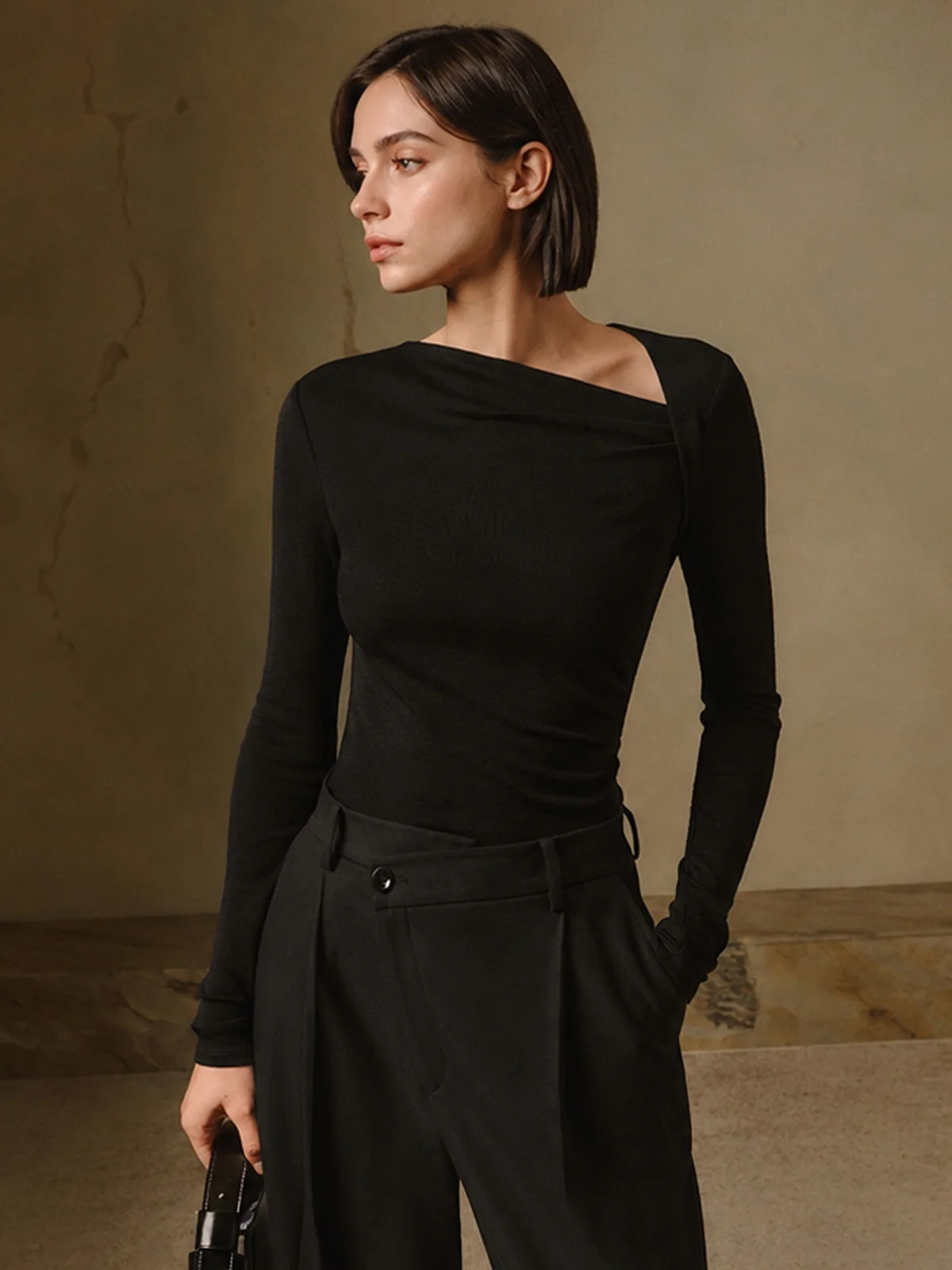 Ribbed Knit Long Sleeve Asymmetric Shirt | Commense