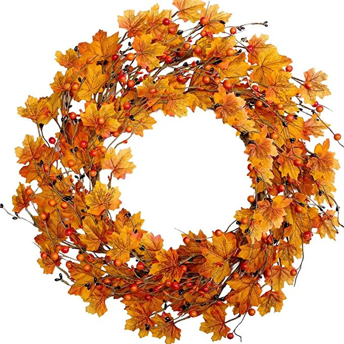 Amazon.com: Bibelot 20 Inch Autumn Wreath Artificial Maple Leaves Wreath with Berries Fall Harves... | Amazon (US)