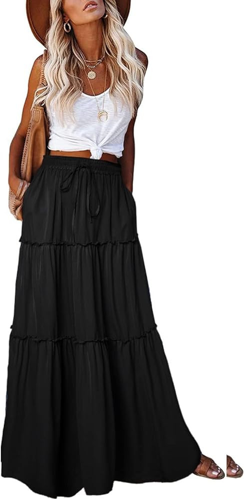 Women's 2023 Summer Skirt High Waist Flowy A Line Boho Skirt Maxi Skirt with Pockets | Amazon (US)