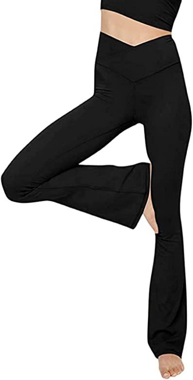 viehunt Womens Crossover Flare Leggings High Waisted Casual Cute Stretchy Full Length Workout Ele... | Amazon (US)