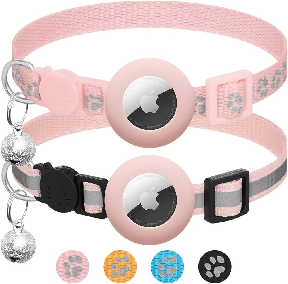 2 Pack Airtag Cat Collar Breakaway with Bell,Reflective Kitten Collar with Apple Airtag Cat Colla... | Amazon (US)