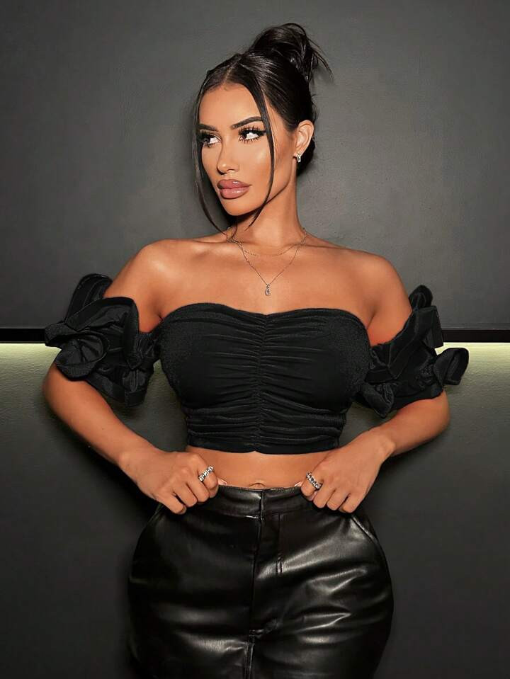 SHEIN SXY Valentines New Years Top Sexy Outfits Club Velvet Ruffles Crop Top New Years Women Outf... | SHEIN