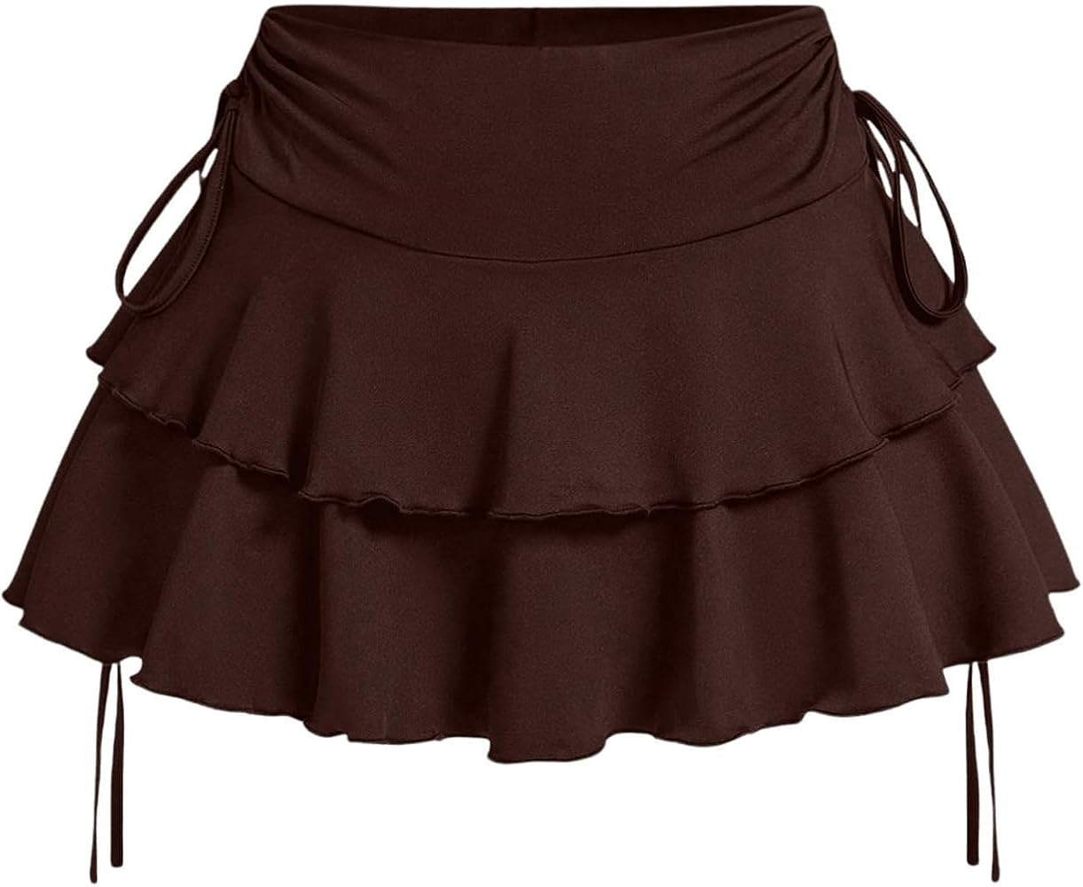 Women's Y2k Mini Ruffle Skirts with Shorts Tiered Layers Cute Elastic Waist Coquette Skort Drawst... | Amazon (US)