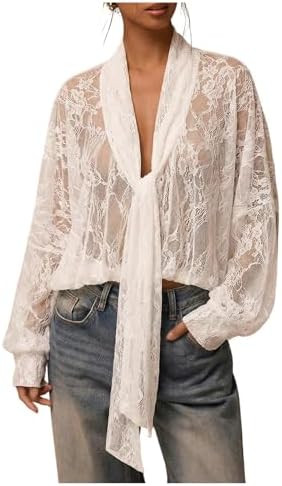 SOLY HUX Women's Lace Tops Long Sleeve Sheer Mesh Tie Front Blouse | Deep V Neck Tops, See Throug... | Amazon (US)