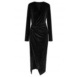 Glittery Velvet Wrap Midi Dress in Black | Chicwish