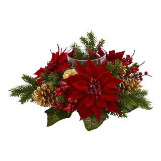 Nearly Natural Poinsettia, Berry and Golden Pine Cone Candelabrum Artificial Arrangement 4270 - T... | The Home Depot
