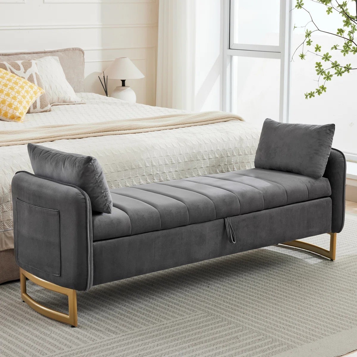 Decorate your living quarters with a cozy accent decor piece. The 66"W Modern Tufted End of Bed King Size Storage Bench for Bedroom with Gold Legs and Two Pillows, Two Armrest Pockets is ON SALE and under $250. Available in multiple colors.

Keywords: Upholstered bench, upholstered bench with storage, storage bench, bedroom, bedroom refresh, home refresh, living room, living room refresh, ottoman with storage, velvet storage bench 

#LTKHome #LTKSaleAlert #LTKSeasonal