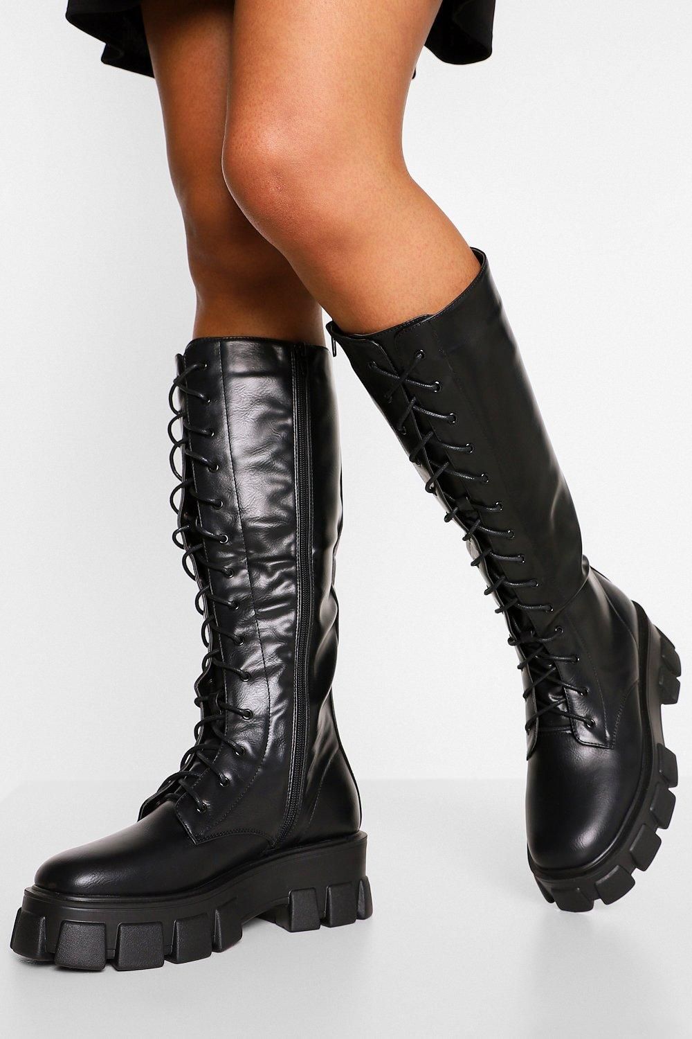 Womens Chunky Platform Knee High Combat Boots - Black - 9 | Boohoo.com (US & CA)