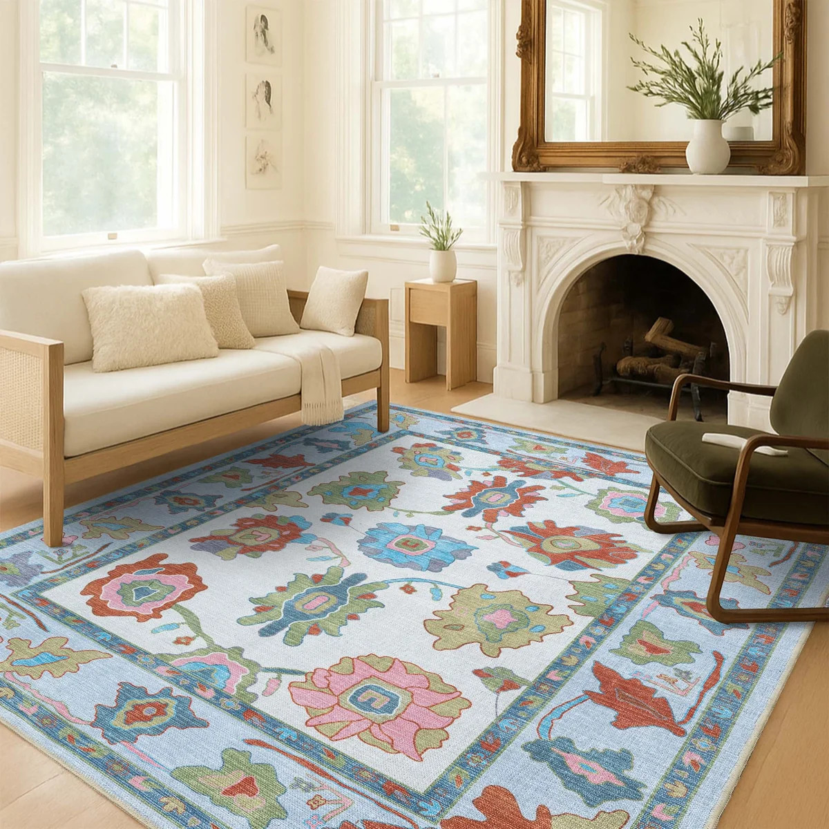 Sayyida Colorful Floral Pastel Oushak Rug - Modern Washable Rugs | Fame Rugs