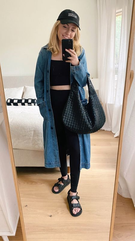Elevated my active wear today by throwing a denim trench over the top, a logo’d baseball cap, a statement bag, and quilted sandals. I love how practical this outfit feels while also being very fashion. 💁🏼‍♀️ Included a few shorter dark denim jackets for those of you not into a trench style. #LTKfind
Sizing:
Leggings - TTS sz Small
Top - Runs small sz Medium
Sandals - I am a true 7.5 took a sz 38
Coat - Runs Lrg (i have the older version of this coat in an XS, but if I was re-buying the newest version I’d get a Sm or possibly Med to be more oversized)

#LTKstyletip #LTKVideo