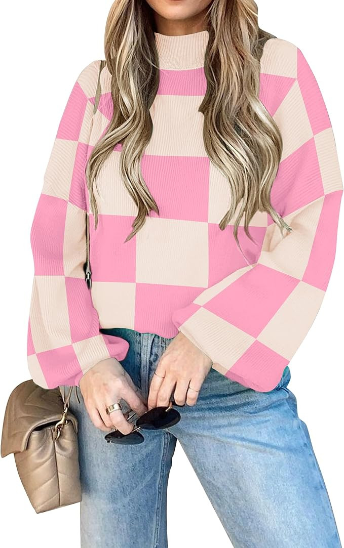 ZESICA Women's 2024 Casual Turtleneck Long Lantern Sleeve Oversized Ribbed Knit Pullover Sweater ... | Amazon (US)