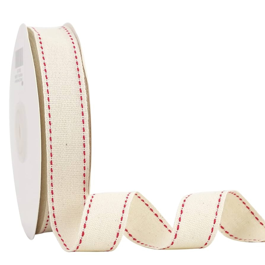 MEEDEE 7/8 inch Cotton Ribbon with Red Stitched Double Red Trim Cotton Ribbon for DIY Crafts, Gif... | Amazon (US)