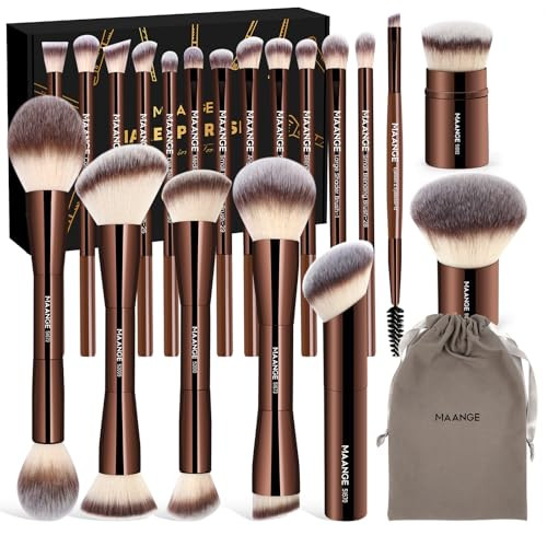 MAANGE 20 PCS Foundation Makeup Brush Set, Double-ended Kabuki Contour Brush for Liquid Powder Concealer Blending Blush Face Makeup Tools (Coffee) | Amazon (US)