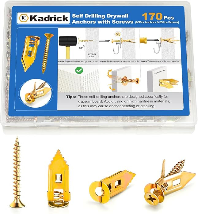 Kadrick 170Pcs Self Drilling Drywall Anchors with Screws，Zinc Plated Steel,2024 Upgraded Hollow... | Amazon (US)