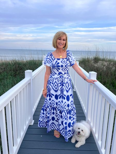 Beautiful blue pattern maxi dress from Amazon! It’s lined and has double layered sleeves. 

#LTKFindsUnder50 #LTKOver40 #LTKTravel