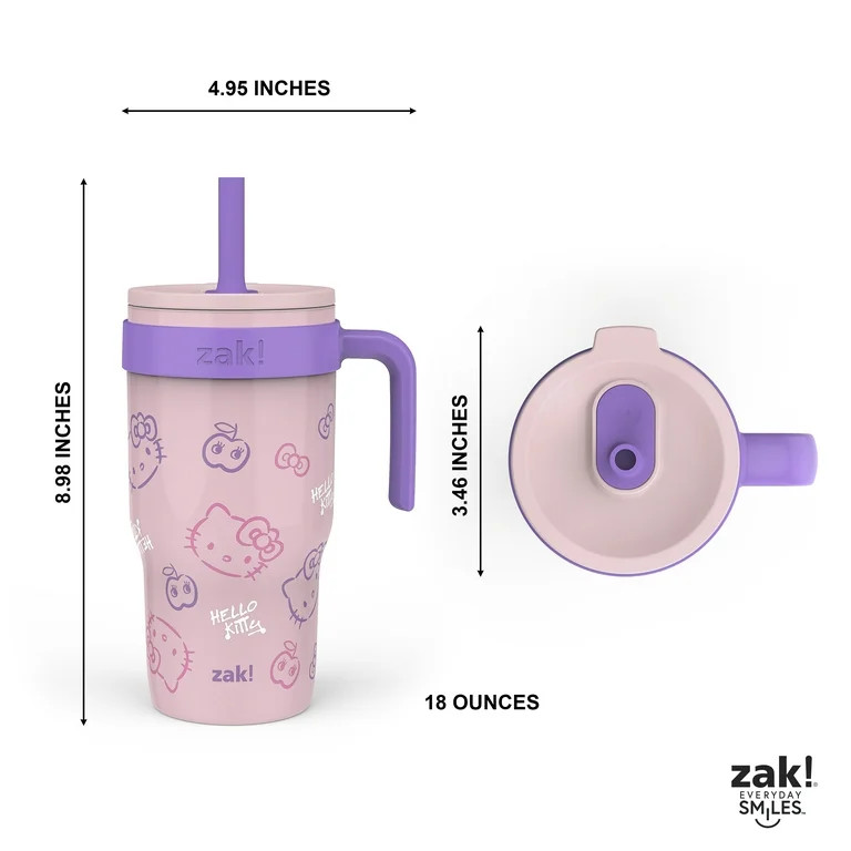 Zak Designs 18oz Hello Kitty Kids Straw Handle Tumbler, Stainless Steel Vacuum Insulated Cruiser ... | Walmart (US)
