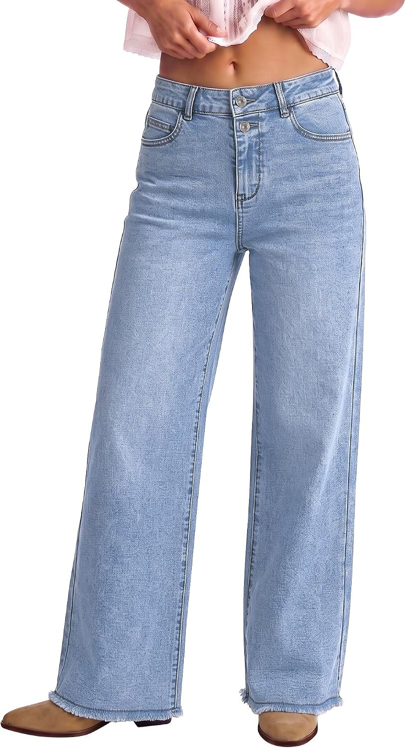 luvamia Wide Leg Jeans for Women High Waisted Stretchy Denim Pants Raw Hem | Amazon (US)
