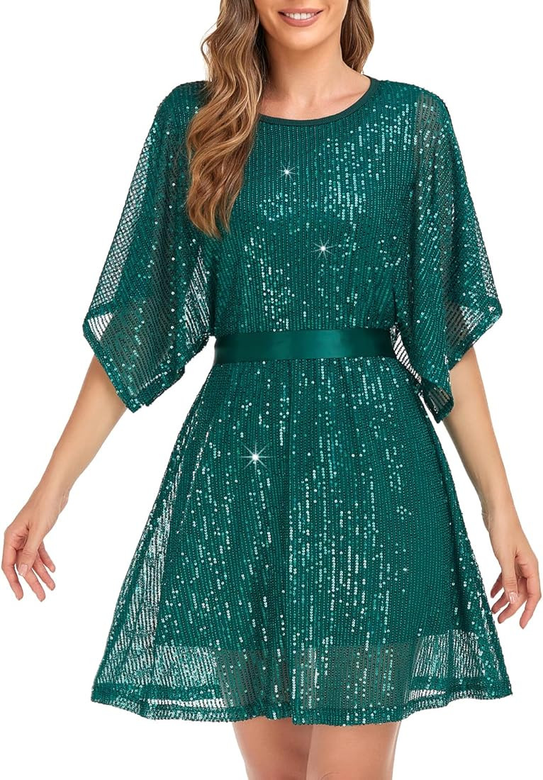 Womens Sequin Loose Dress Party Split Sleeves Casual Loose Mini Short Dresses | Amazon (US)