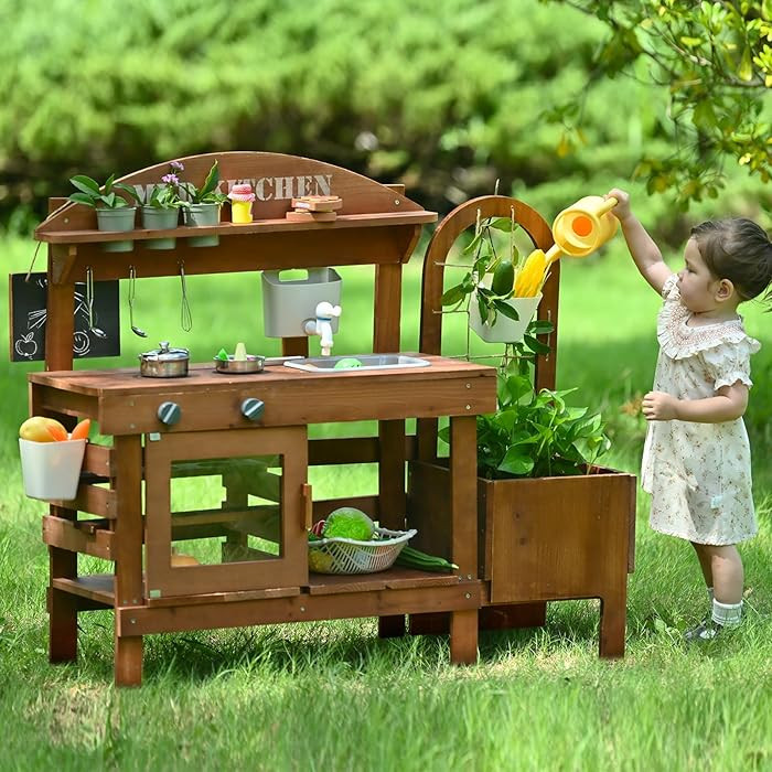 Outdoor Mud Kitchen for Kids 43.7in, Wooden Play Kitchen with Plant Growing Box, Observation Room... | Amazon (US)