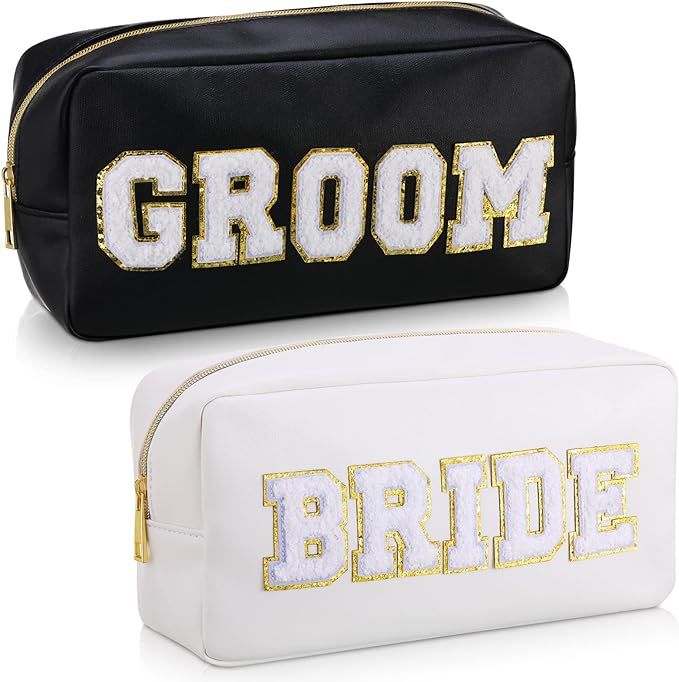 2 Pcs Bride and Groom Letter Patch Cosmetic Travel Toiletry Bag Women PU Leather White Makeup Bag... | Amazon (US)