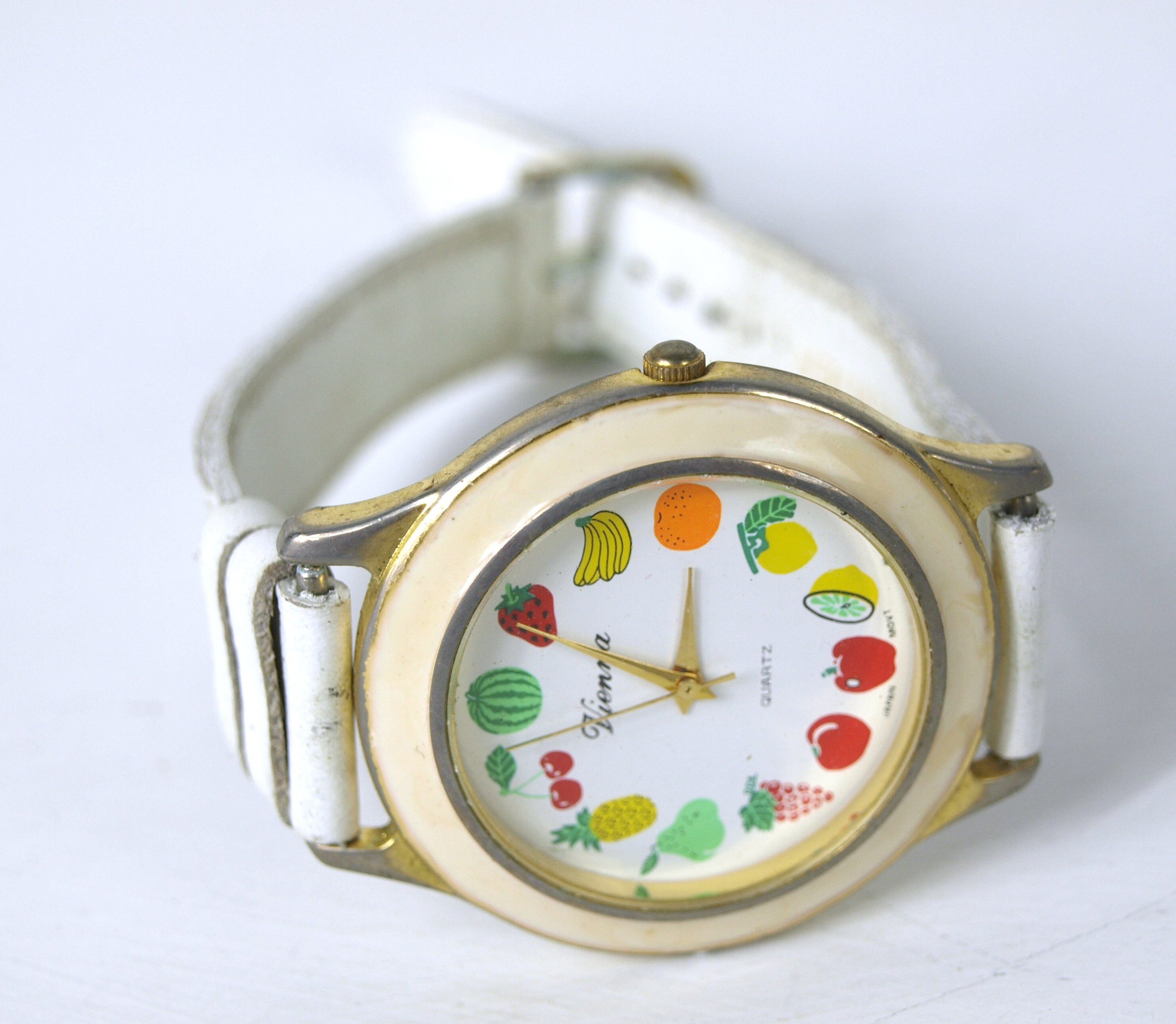 Vintage Vienna Fashion Quartz Wrist Watch W/ White Leather Wristband Featuring Fruit & Vegetables... | Etsy (US)
