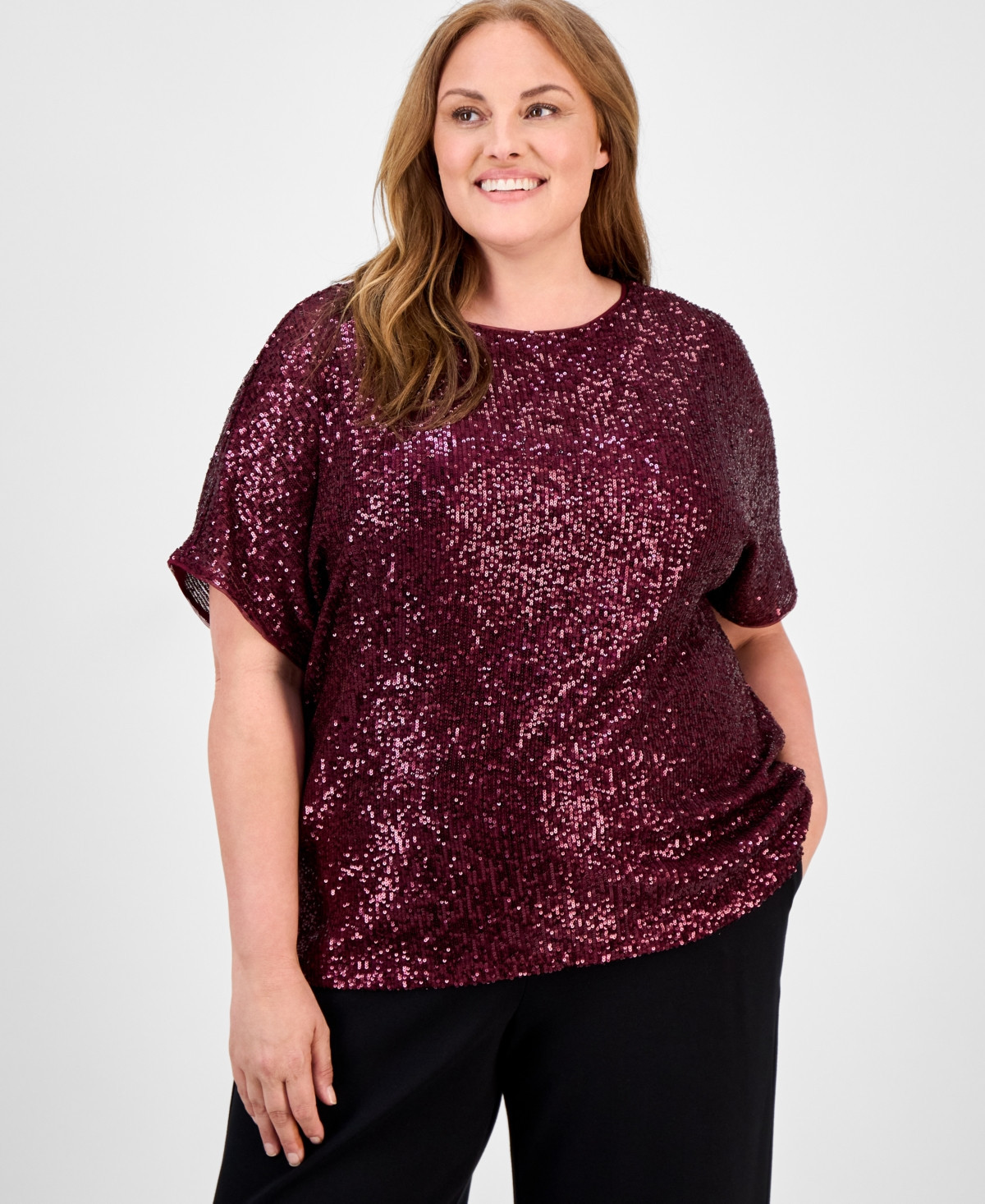 Anne Klein Plus Size Sequin Top - Chianti | Macy's