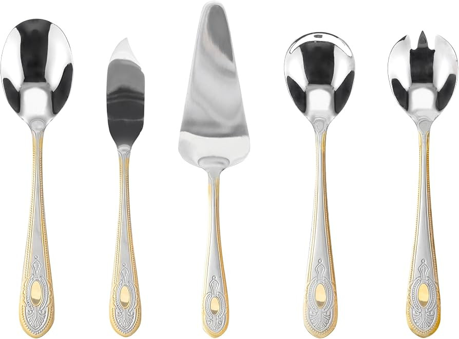 5 Piece Hostess Set - 18/10 Stainless Steel Serving Utensil Set - Gorgeous Floral Handle with Gol... | Amazon (US)