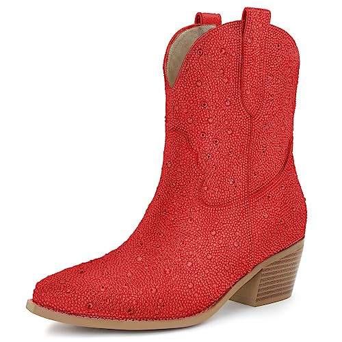 STALOV Women's Red Rhinestone Cowgirl Boots Glitter Ankle Booties Pointed Toe Chunky Heel Western Sparkly Booties Size 7 | Amazon (US)
