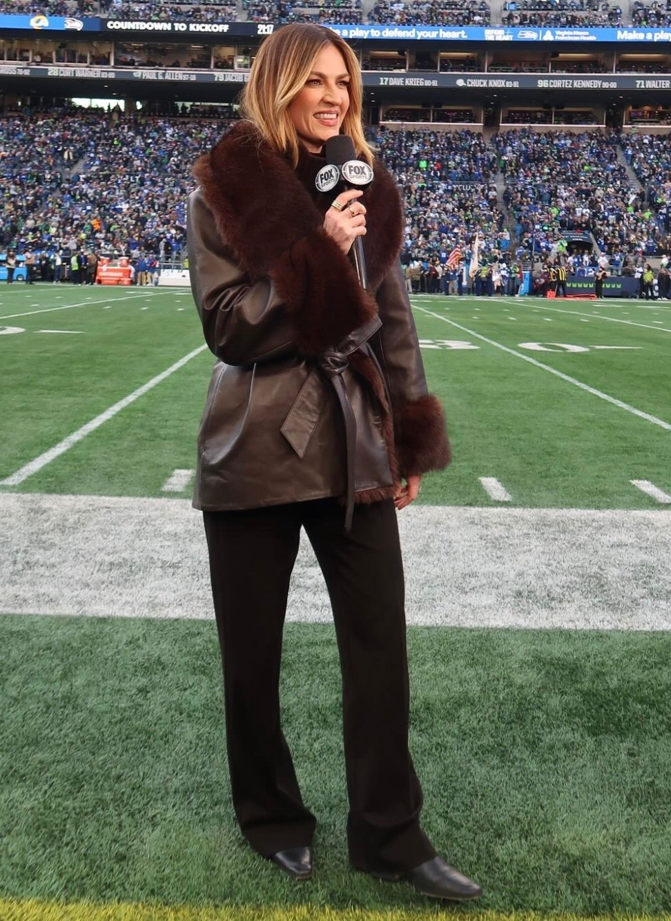 Erin Andrews faux fur leather belted jacket coat blazer