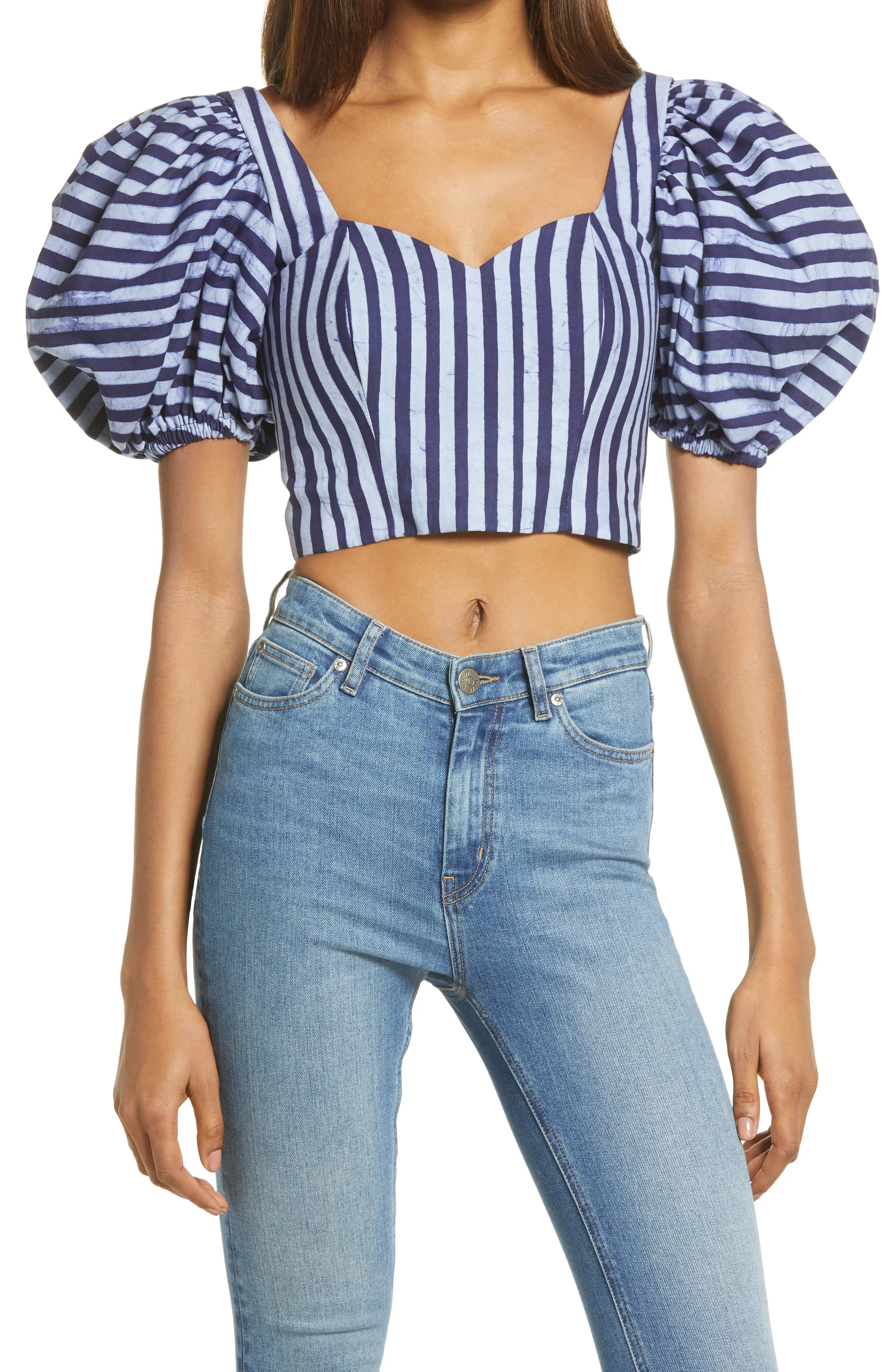 Women's Sika Asha Stripe Puff Sleeve Crop Top, Size 14 - Blue | Nordstrom