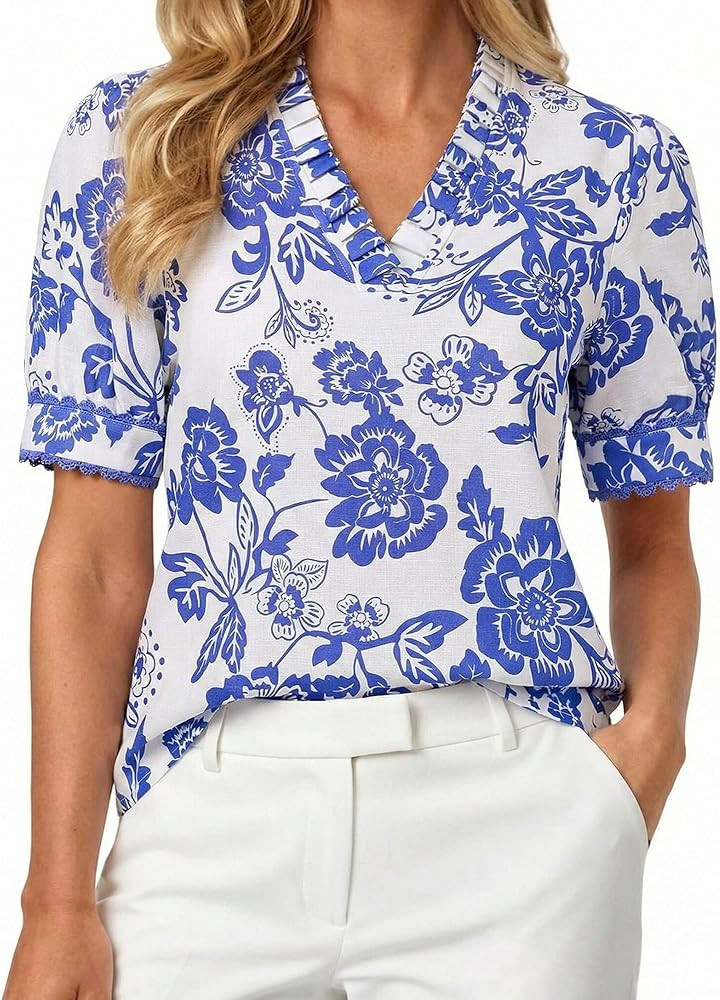 GRACE KARIN Women Boho Floral Tops, Summer Puff Short Sleeve Dressy Casual Shirts, 2026 Spring V ... | Amazon (US)