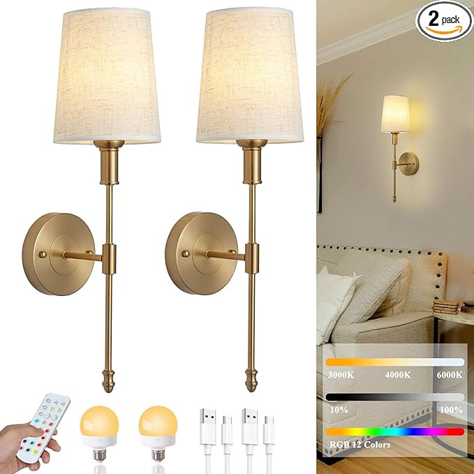 Battery Operated Wall Sconce Set of Two,Gold Wireless Modern with Remote Control Rechargeable Dim... | Amazon (US)