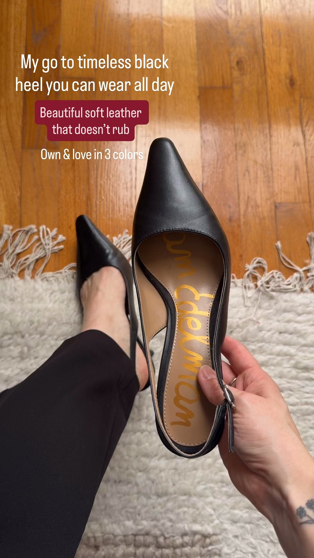 Staple work heel meant to be walked in, so comfy and doesn’t rub. Leather and cushioned footbed wearing size 7