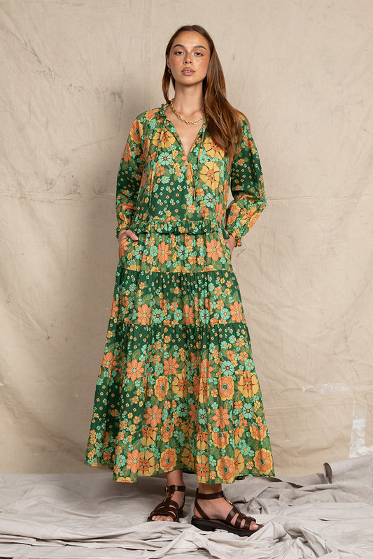 Poseidon Ruffle Neck Maxi in Emerald | Bohemian Traders