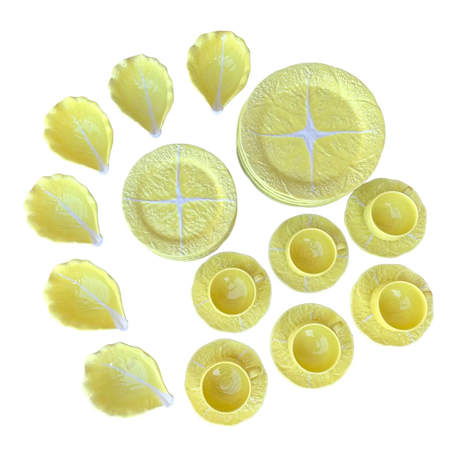 Vintage 1950s Secla Portugal Majolica Yellow Cabbage Plates Complete Service for Six - 30 Pieces | Chairish