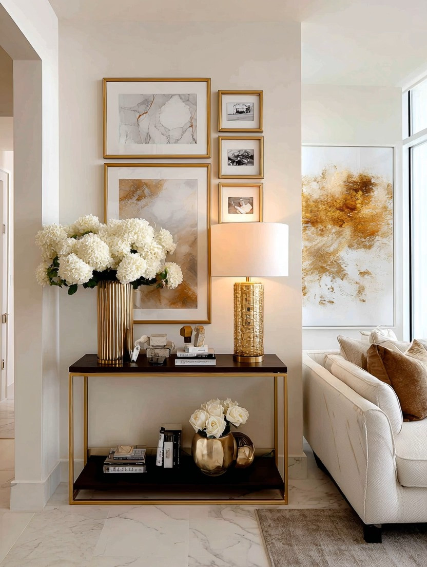 Wall galleries do not need to feel overwhelming to make a statement.

In fact, some of the most elegant homes use fewer pieces — just styled with more intention.

A simple collection of three, five, or seven carefully selected frames can completely transform a wall when the spacing, balance, and scale are done beautifully. Whether you love abstract art, black-and-white photography, travel memories, or calming scenery, the key is not quantity. It is thoughtful placement.

This soft gold-framed gallery creates warmth, elegance, and structure without overpowering the room. The matching metallic tones tie the entire space together while the different frame sizes create movement and visual interest. Maintaining similar spacing between each frame keeps everything balanced, clean, and elevated.

Wall galleries are deeply personal. They tell your story quietly through art, memories, textures, and moments that inspire you every day.

Pair them with a gorgeous table lamp, florals, or a simple console table to create a layered and intentional corner that feels curated instead of cluttered.

Shop our curated edit of gold frames, artwork sets, console tables, and elegant home accents to recreate this timeless look in your home.

#WallGallery #HomeDecor #ElegantInteriors #GalleryWall #LuxuryDecor #InteriorStyling #ModernHome #GoldDecor 

 #LTKHome