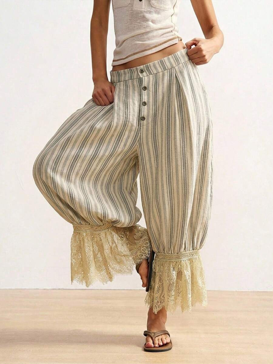 Bohemela Women's Autumn Blue And White Striped Woven Loose Long Pants Vintage Baggy Boho Lace Pat... | SHEIN