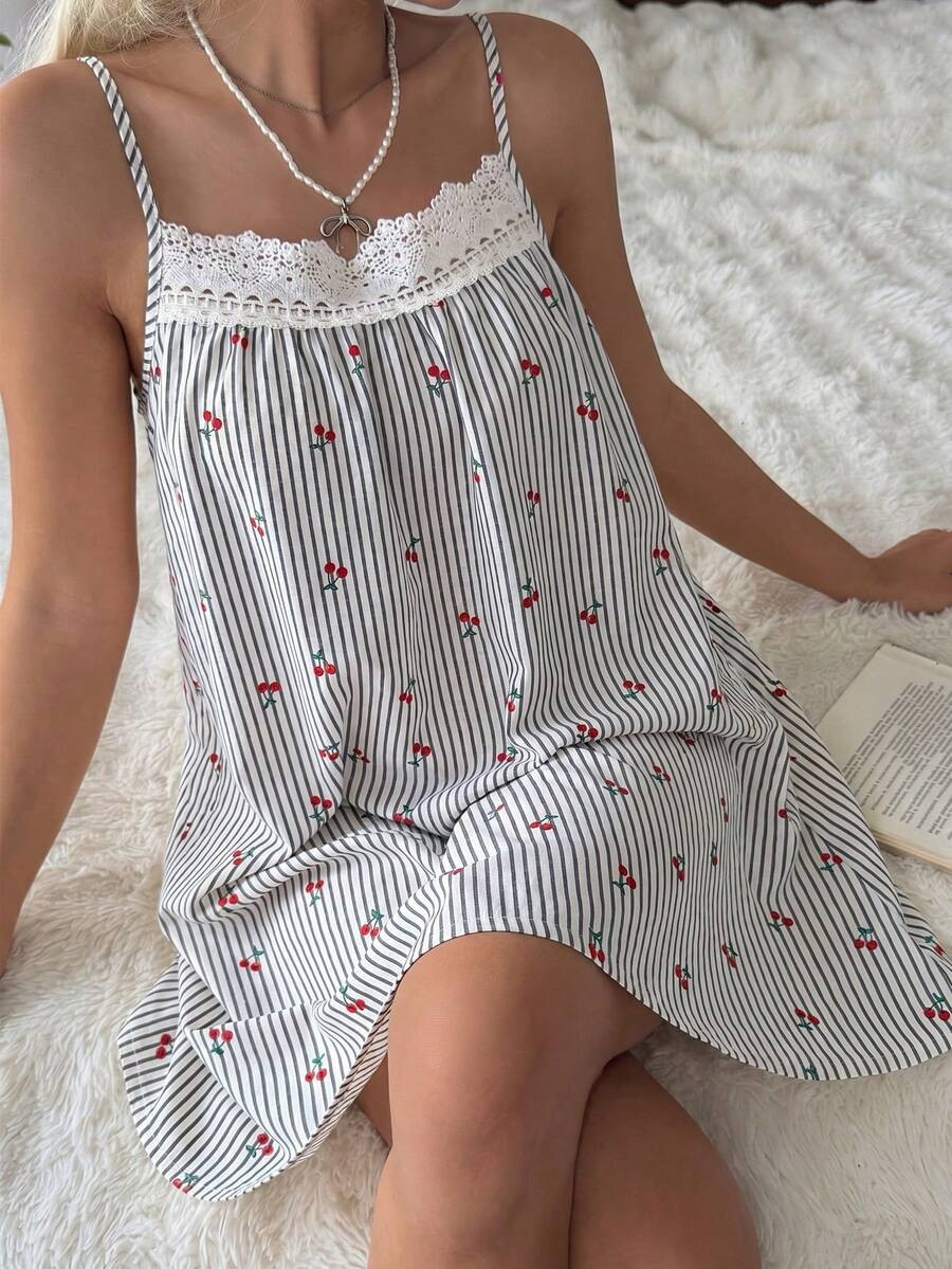 Tulorae Fresh Romantic Spaghetti Strap Embroidered Lace Bubble Ruched Women's Nightgown | SHEIN