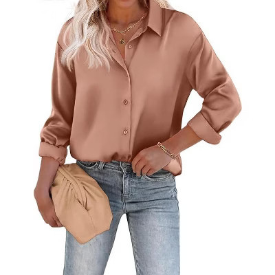 Zeagoo Women's Blouse Satin Silk Shirts Button Down Shirts Casual Loose Long Sleeve Office Work Tunic Tops Light Coffee M | Target
