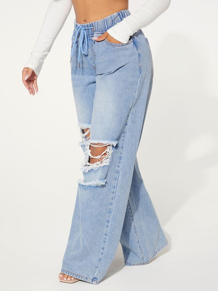 Drawstring Waist Hollow Out Distressed Wide Leg Jeans | SHEIN