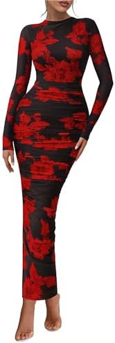 PRETTYGARDEN Women's Long Sleeve Maxi Dress 2025 Fall Ruched Bodycon Floral Mesh Formal Wedding G... | Amazon (US)