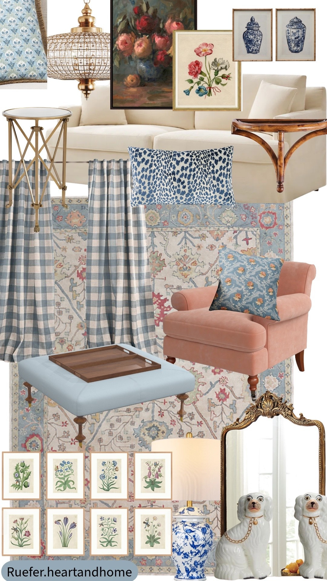 Curtains, buffalo check curtains, rug, wool rug, framed art, floral art, chinoiserie, staffordshire dog figurines, upholstered chair, upholstered coffee table, metal accent table, wall shelf, gold ornate mirror, slipcovered sofa. Living room decor

#LTKSeasonal #LTKHome #LTKSaleAlert