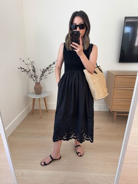 Fabrique black dress. This is stunning! So many amazing details, including the pockets. Runs small. I’d size up. 

Fabrique dress xs
Madewell sandals 5
Madewell tote 
YSL sunglasses 