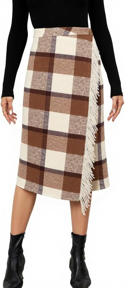 Tanming Womens Plaid Fringed Midi Skirt A Line Warm Wool Wrap Skirt Fall Winter Tartan Dress | Amazon (US)