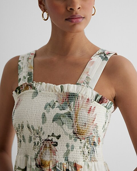 Linen-Blend Floral Square Neck Smocked Tiered Maxi Dress | Express