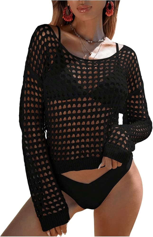 SHENHE Women's Crochet Hollow Out Drop Shoulder Sweater Sheer Long Sleeve Sweater Top | Amazon (US)