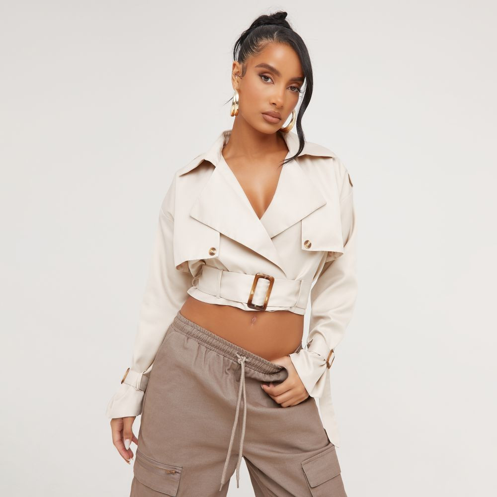Double Layer Belted Detail Cropped Trench Coat In Stone | EGO Shoes (US & Canada)