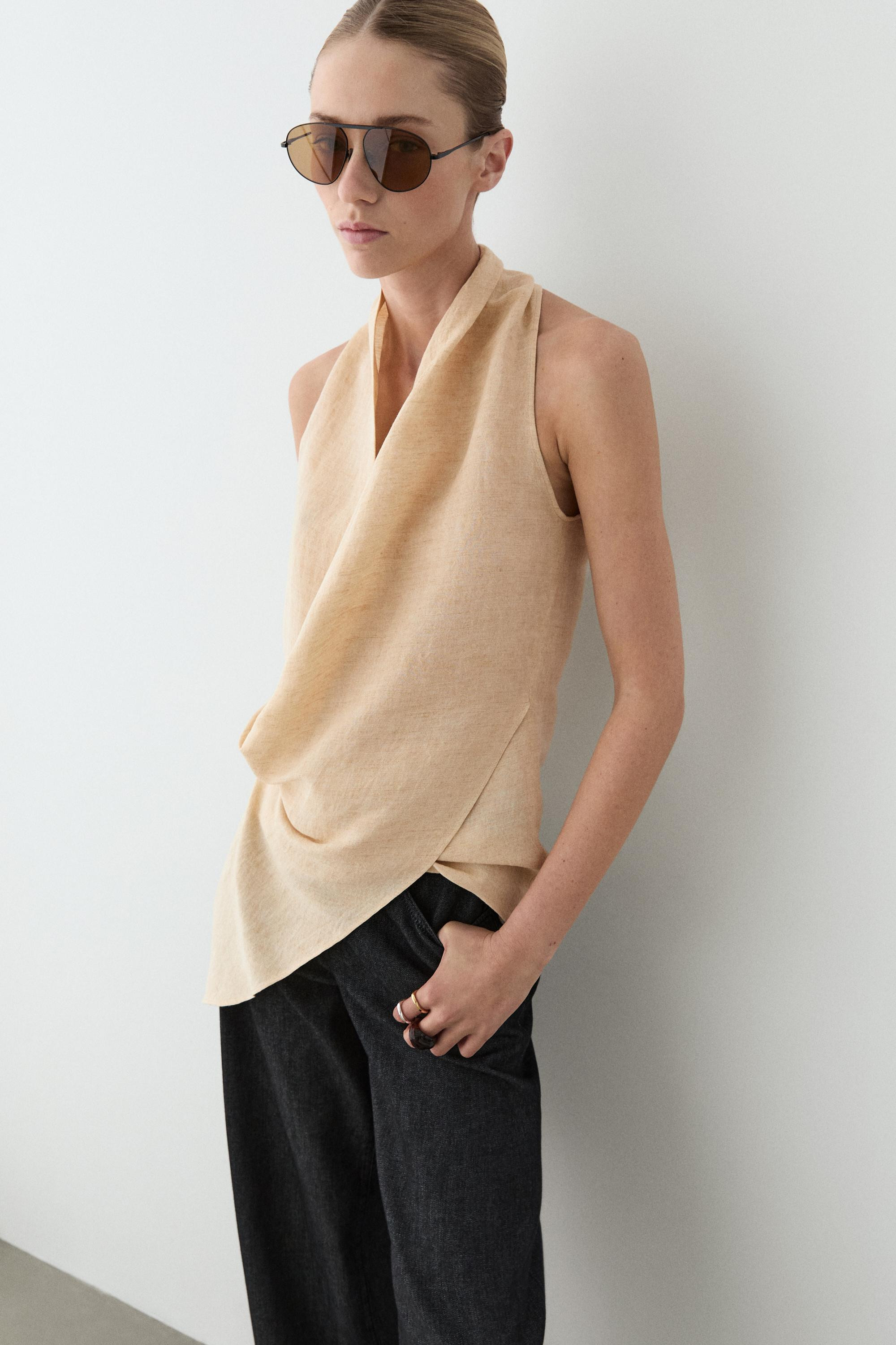 Linen blend draped halter top | Massimo Dutti US